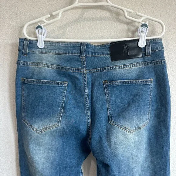 Blue Denim Patchwork Stretch Jeans Slim Fit Flared Pants - Picture 6 of 7